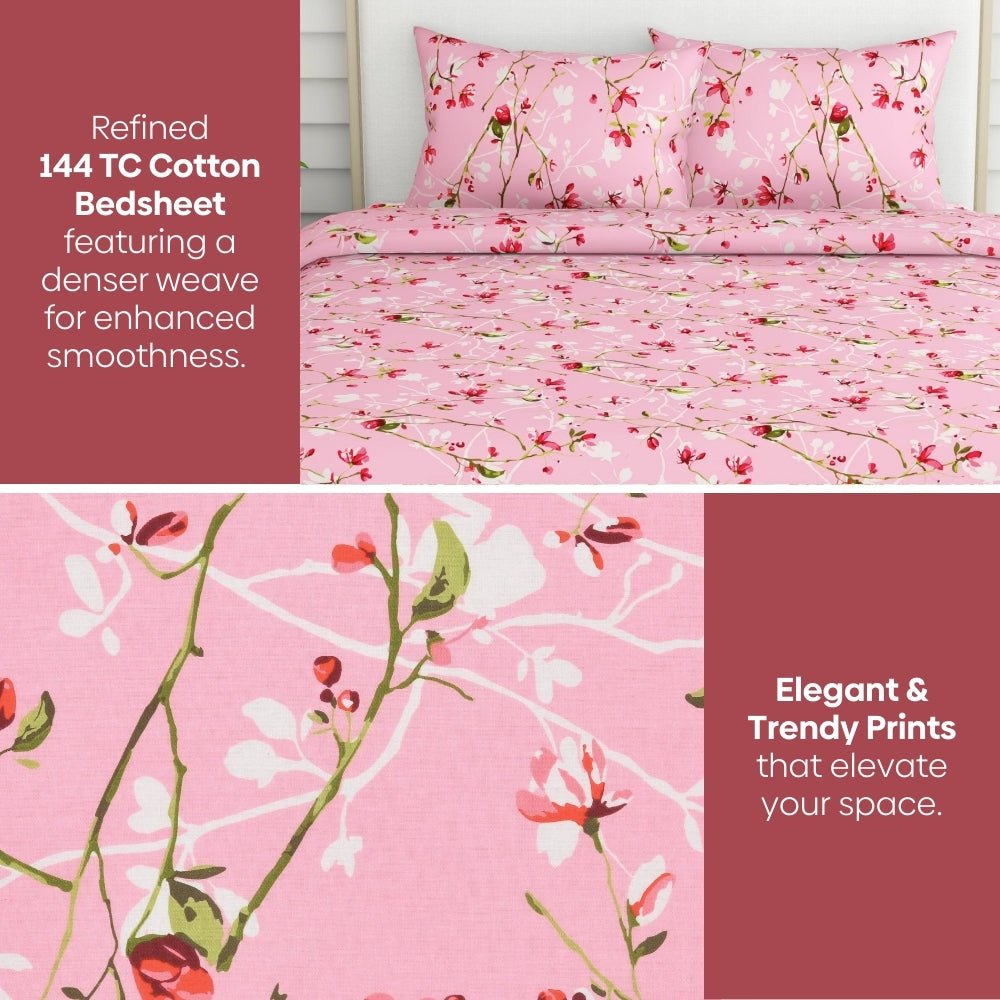 Summer Vintage Romance, 100% Cotton Double Bedsheet, 186 TC, Pink - Bedsheets | haus & kinder