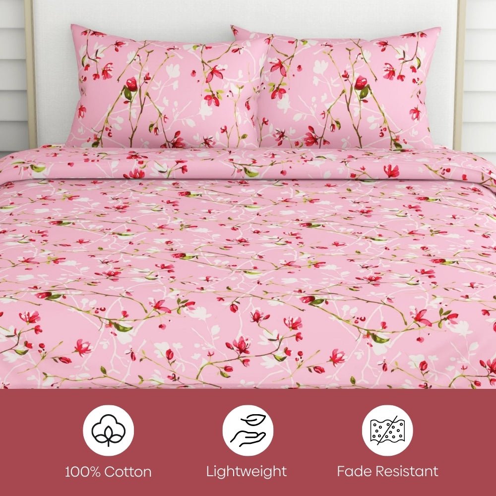Summer Vintage Romance, 100% Cotton Double Bedsheet, 186 TC, Pink - Bedsheets | haus & kinder