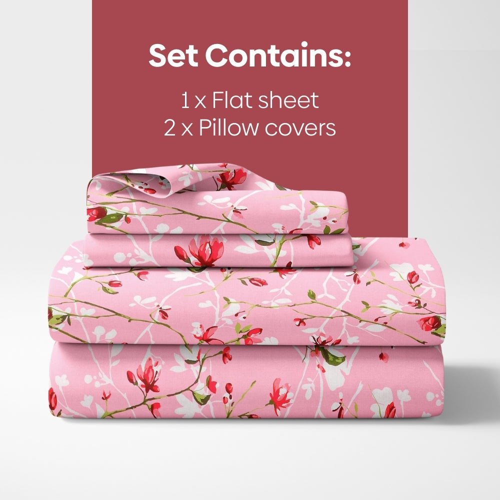 Summer Vintage Romance, 100% Cotton Double Bedsheet, 186 TC, Pink - Bedsheets | haus & kinder