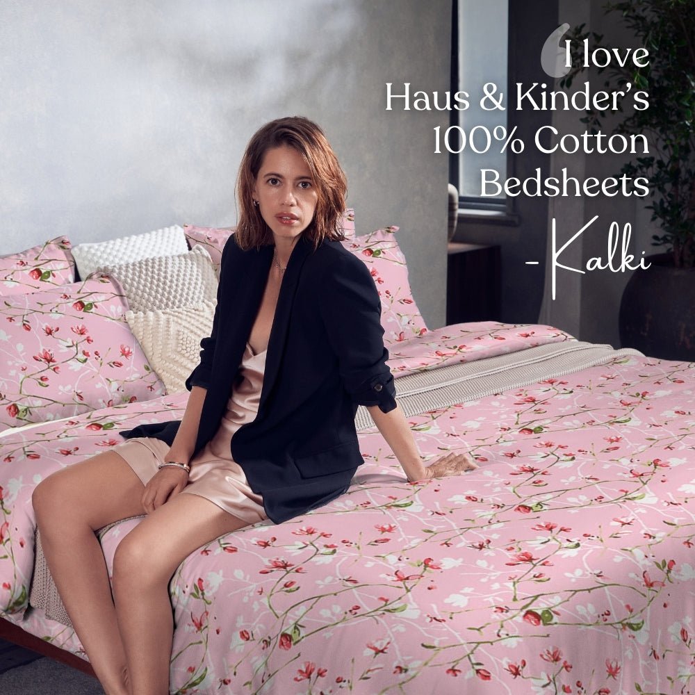 Summer Vintage Romance, 100% Cotton Double Bedsheet, 186 TC, Pink - Bedsheets | haus & kinder