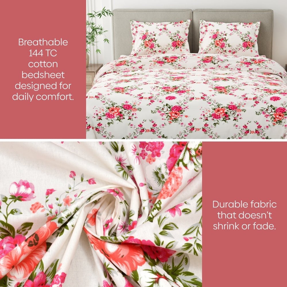 Greek Garden Romance, 100% Cotton Double Bedsheet, 144 TC, Orange - Bedsheets | haus & kinder
