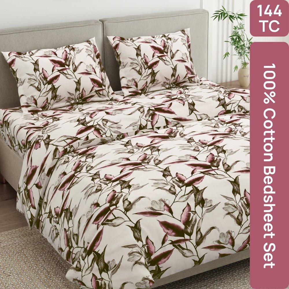 Florence Leaf 100% Cotton Double Flat Bedsheet, 144 TC - Bedsheets | haus & kinder