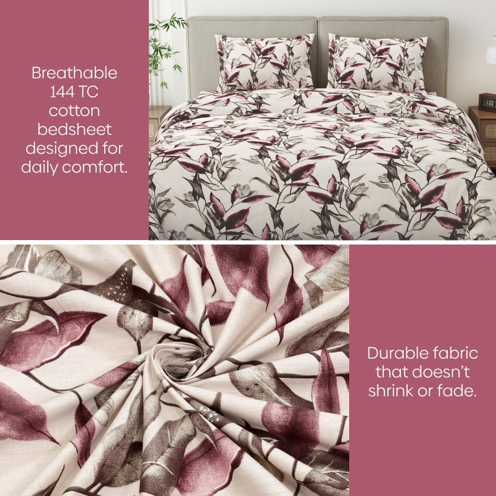 Florence Leaf 100% Cotton Double Flat Bedsheet, 144 TC