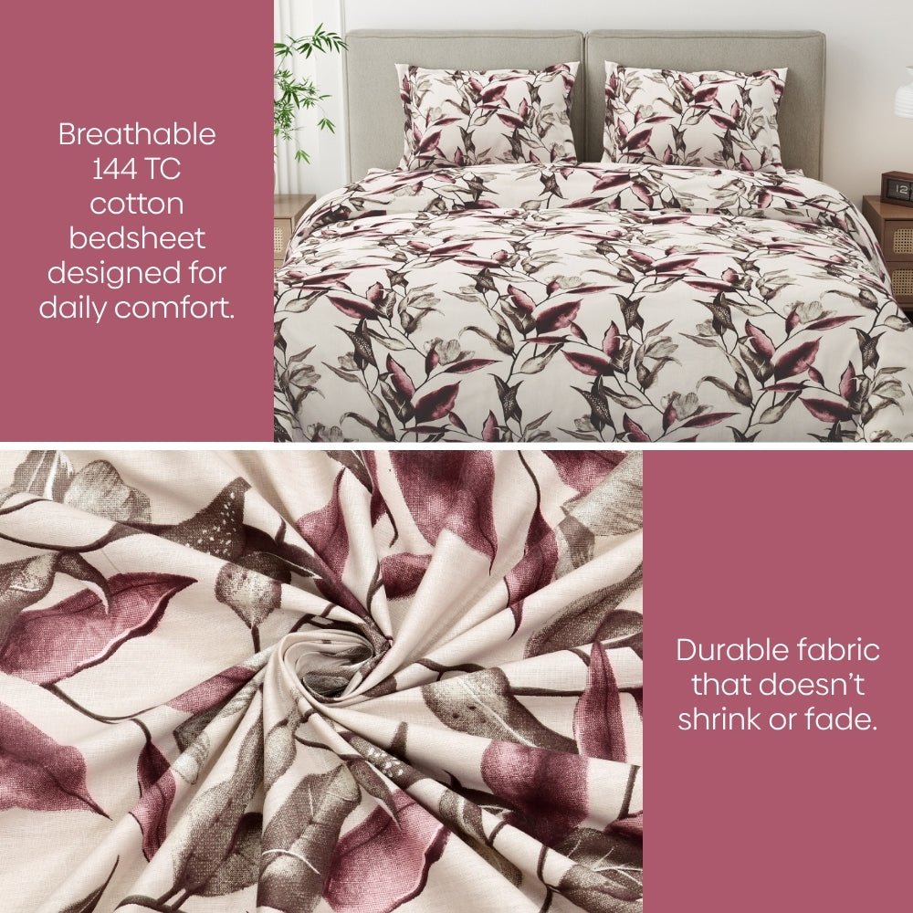 Florence Leaf 100% Cotton Double Flat Bedsheet, 144 TC - Bedsheets | haus & kinder