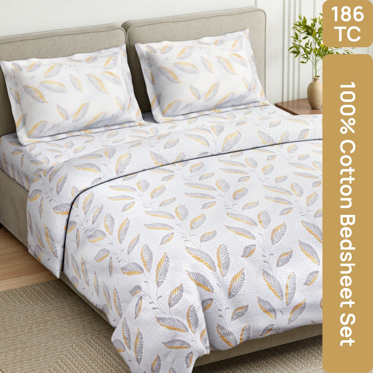 African Leaves 100% Cotton King Flat Bedsheet, Beige & Yellow - 186 TC