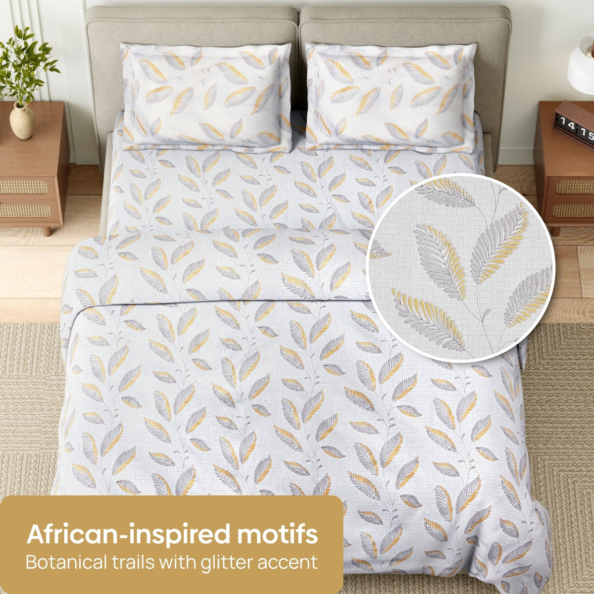 African Leaves 100% Cotton King Flat Bedsheet, Beige & Yellow - 186 TC