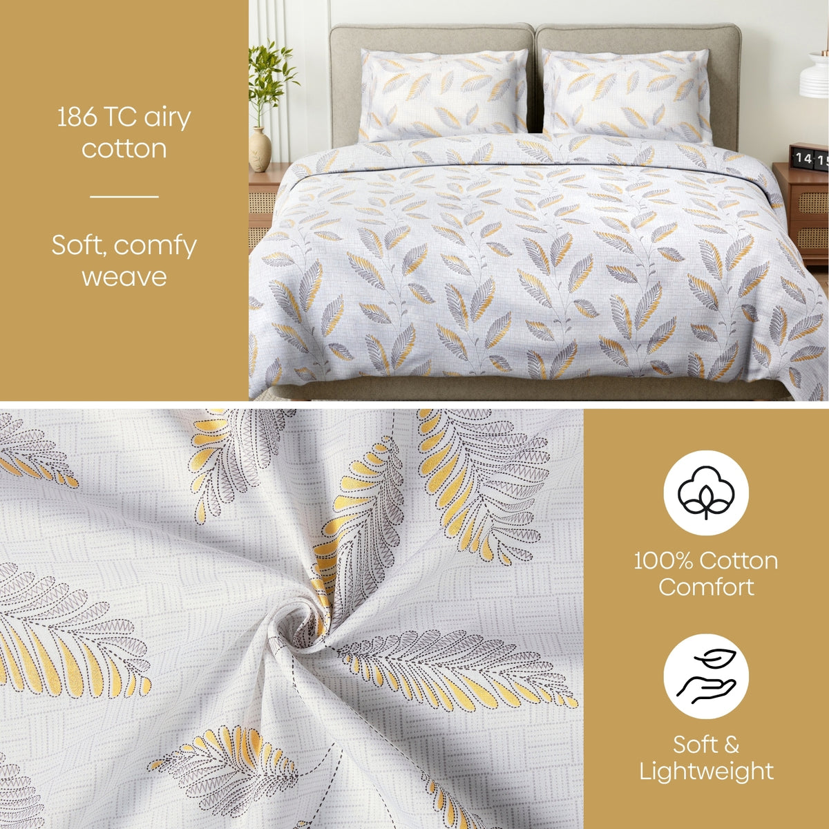 African Leaves 100% Cotton Double Flat Bedsheet, Beige & Yellow - 186TC