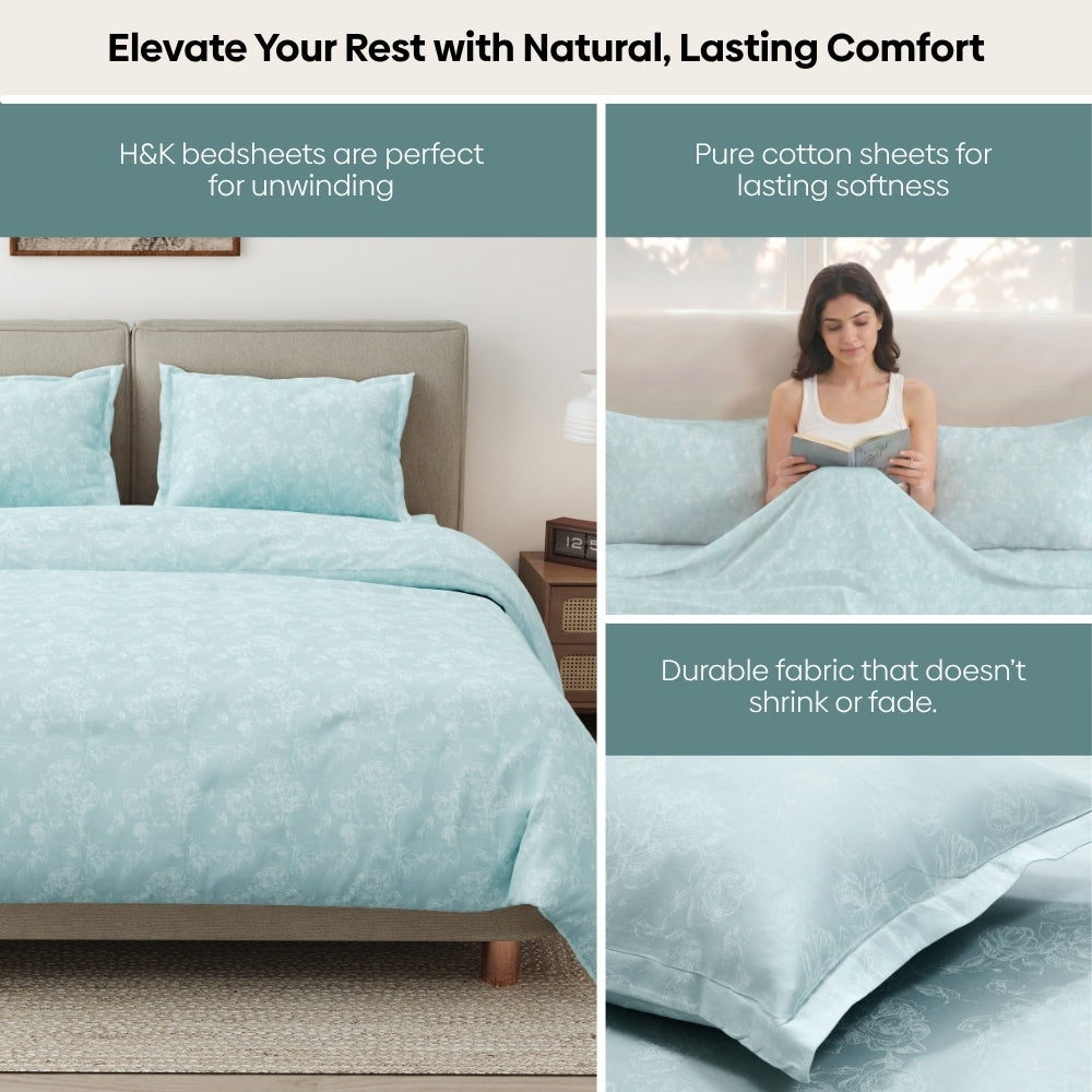 Ashen Blossom 100% Cotton Double Size Bedsheet, 300 TC