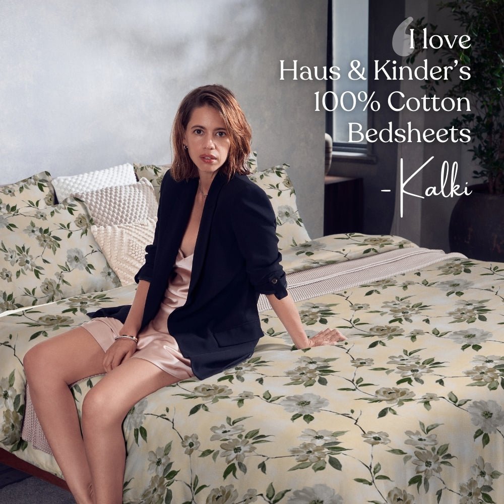 Greek Garden Romance, 100% Cotton King Size Bedsheet, 186 TC Yellow - Bedsheets | haus & kinder