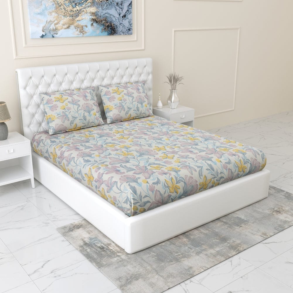 100% Combed Cotton 144 TC Double Fitted Bedsheet Lily Drift