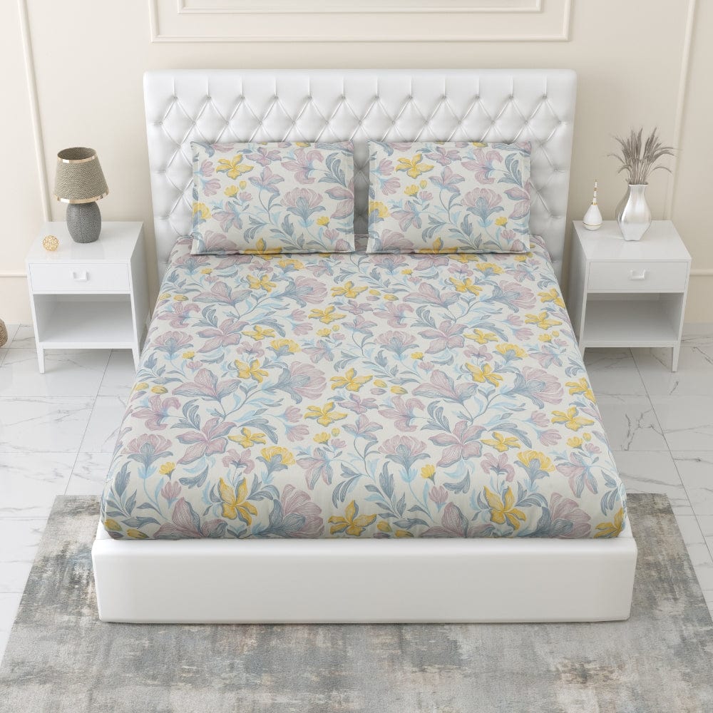 100% Combed Cotton 144 TC Double Fitted Bedsheet Lily Drift