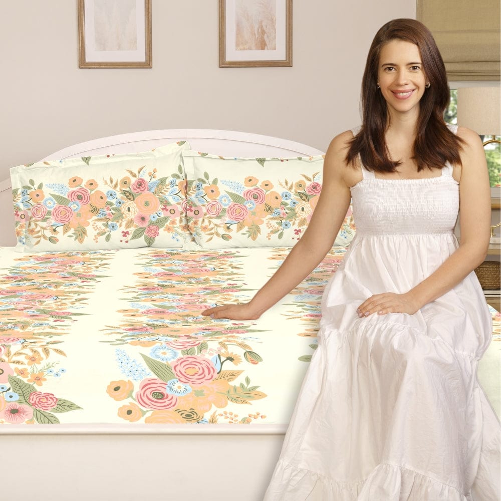 Vintage Peony 100% Cotton Double Size Bedsheet, 144 TC