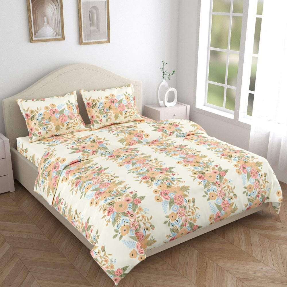 Vintage Peony 100% Cotton Double Size Bedsheet, 144 TC