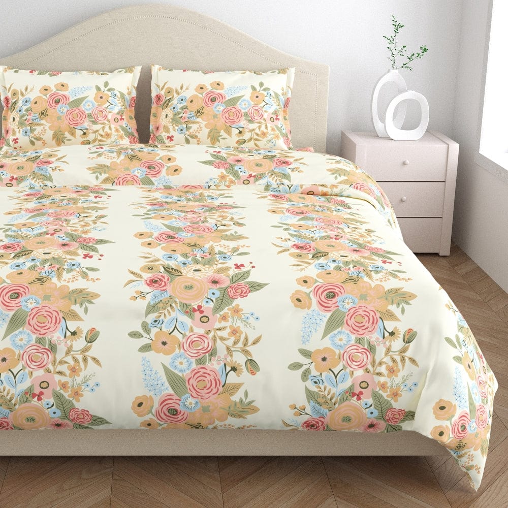 Vintage Peony 100% Cotton Double Size Bedsheet, 144 TC