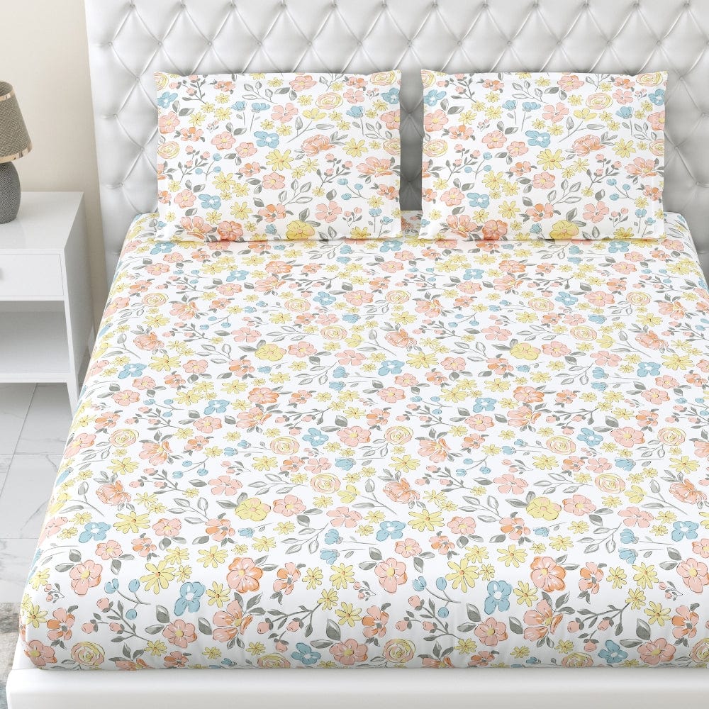 Island Bloom 100% Cotton Double Fitted Bedsheet, 144 TC
