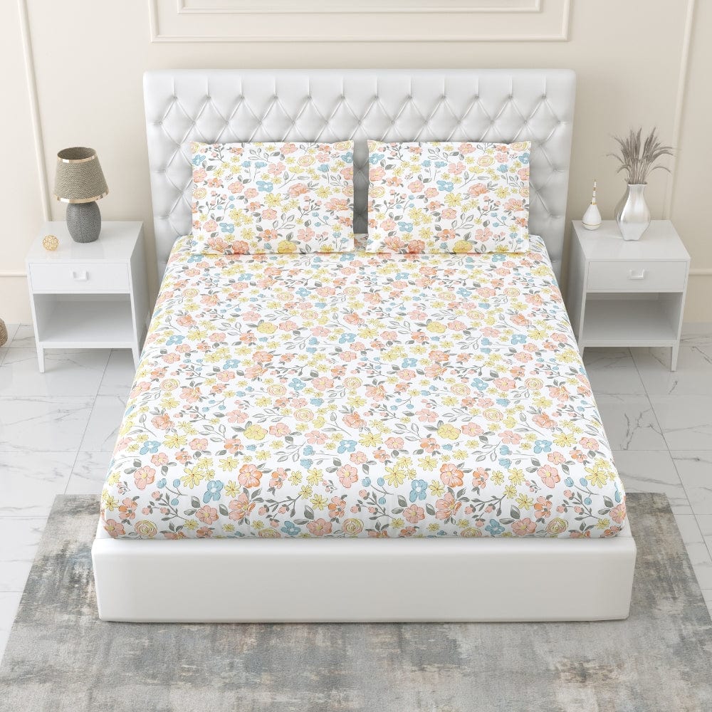 Island Bloom 100% Cotton Double Fitted Bedsheet, 144 TC