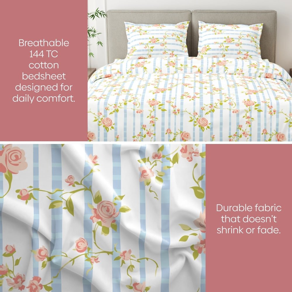 Rosaline Stripes 100% Cotton King Flat Bedsheet, 144 TC - Bedsheets | haus & kinder