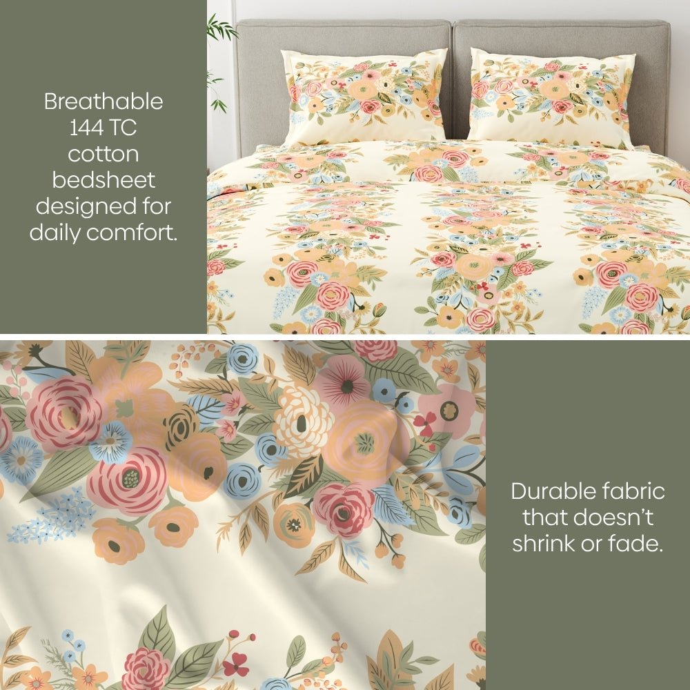 Vintage Peony 100% Combed Cotton 144 TC King Flat Bedsheet - Bedsheets | haus & kinder