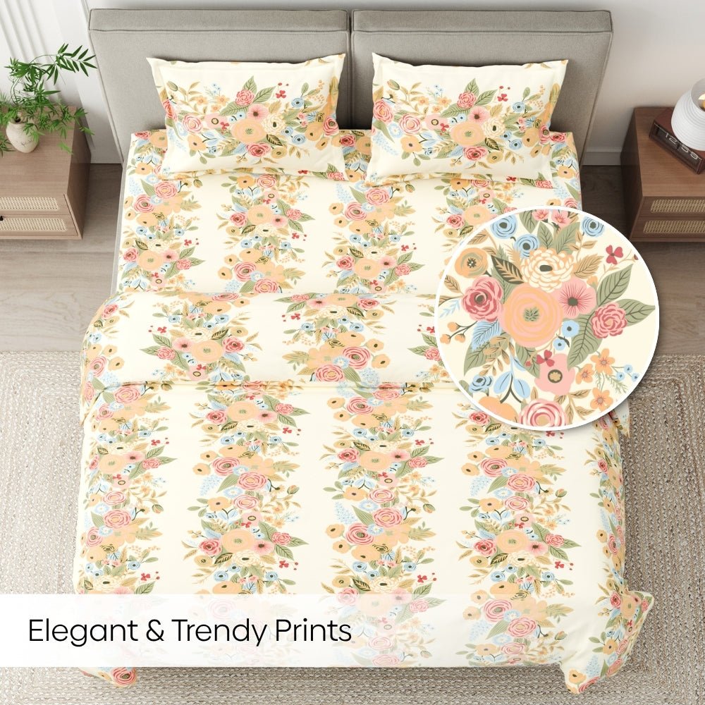 Vintage Peony 100% Combed Cotton 144 TC King Flat Bedsheet - Bedsheets | haus & kinder