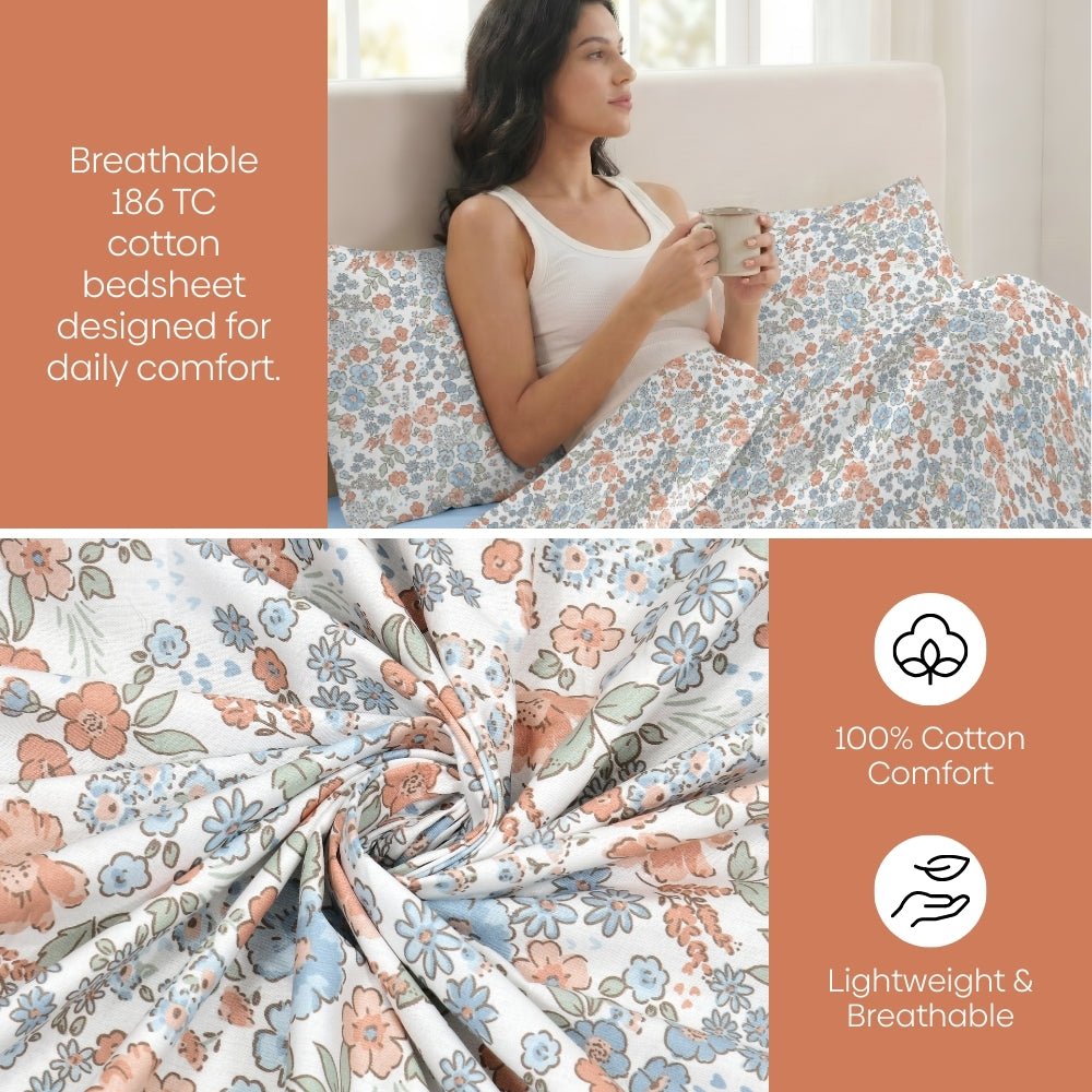 Whisper of Bloom 100% Cotton King Fitted Bedsheet, 186TC - King Size | haus & kinder
