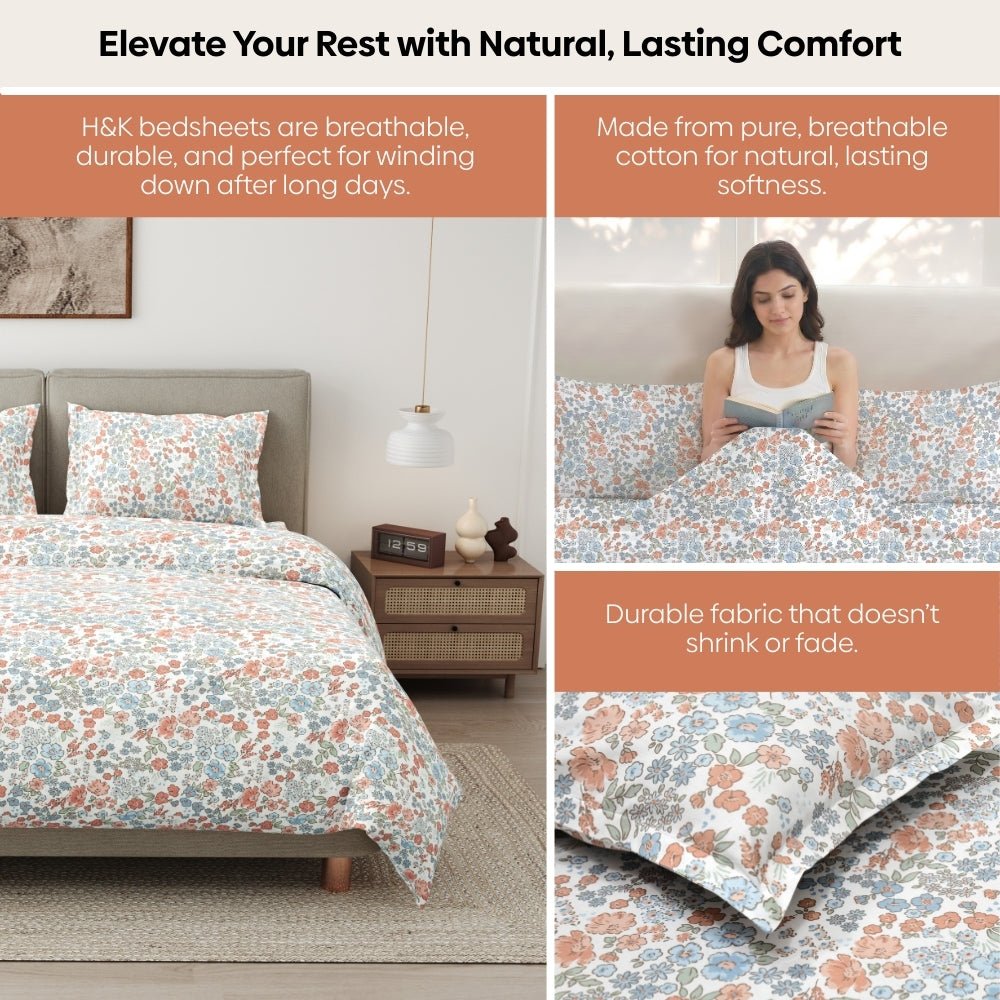 Whisper of Bloom 100% Cotton King Fitted Bedsheet, 186TC - King Size | haus & kinder