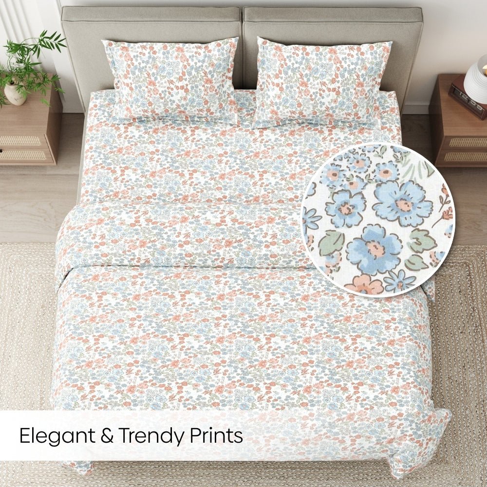 Whisper of Bloom 100% Cotton King Fitted Bedsheet, 186TC - King Size | haus & kinder