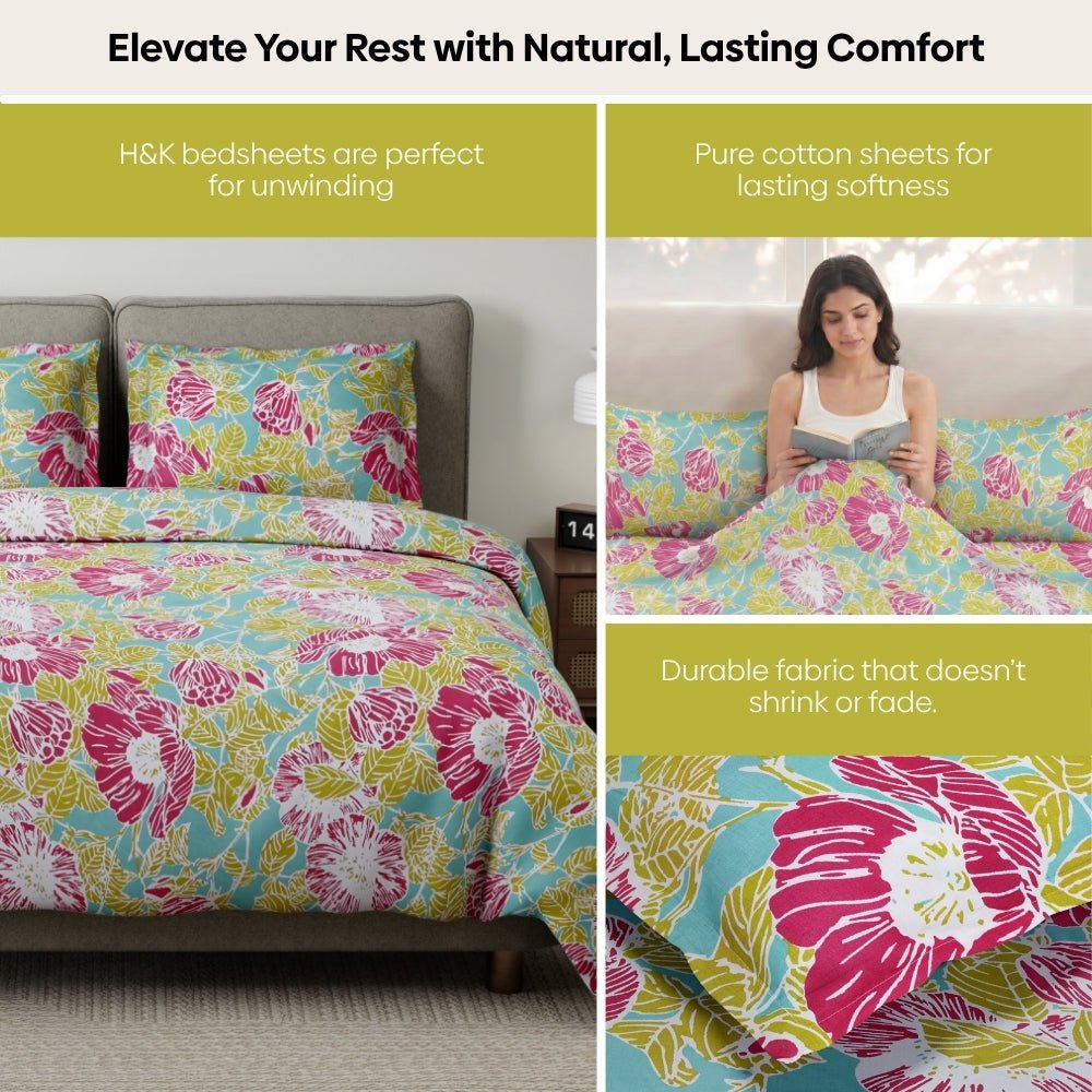 Petal Veranda Multi 100% Cotton King Flat Bedsheet, 186 TC - Bedsheets | haus & kinder