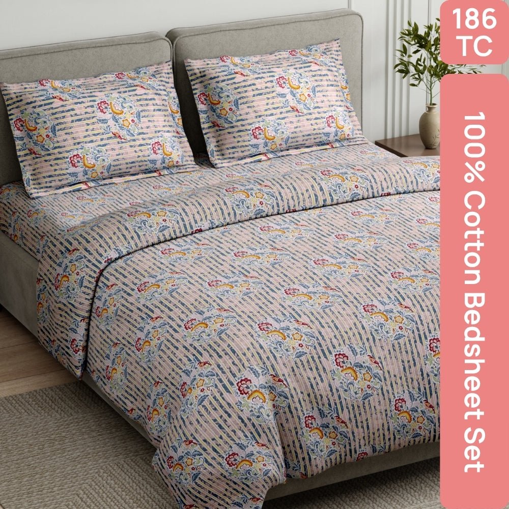 Whispering Song Bird Multi 100% Cotton King Flat Bedsheet, 186 TC - Bedsheets | haus & kinder