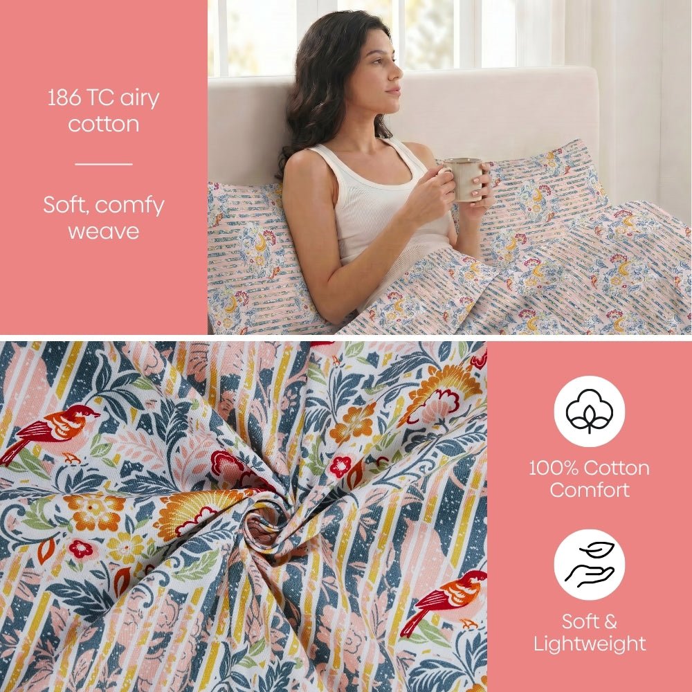 Whispering Song Bird Multi 100% Cotton King Flat Bedsheet, 186 TC - Bedsheets | haus & kinder