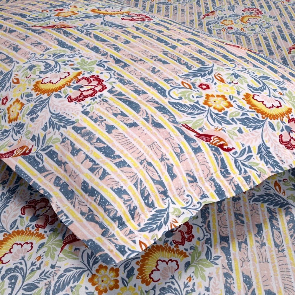 Whispering Song Bird Multi 100% Cotton King Flat Bedsheet, 186 TC - Bedsheets | haus & kinder