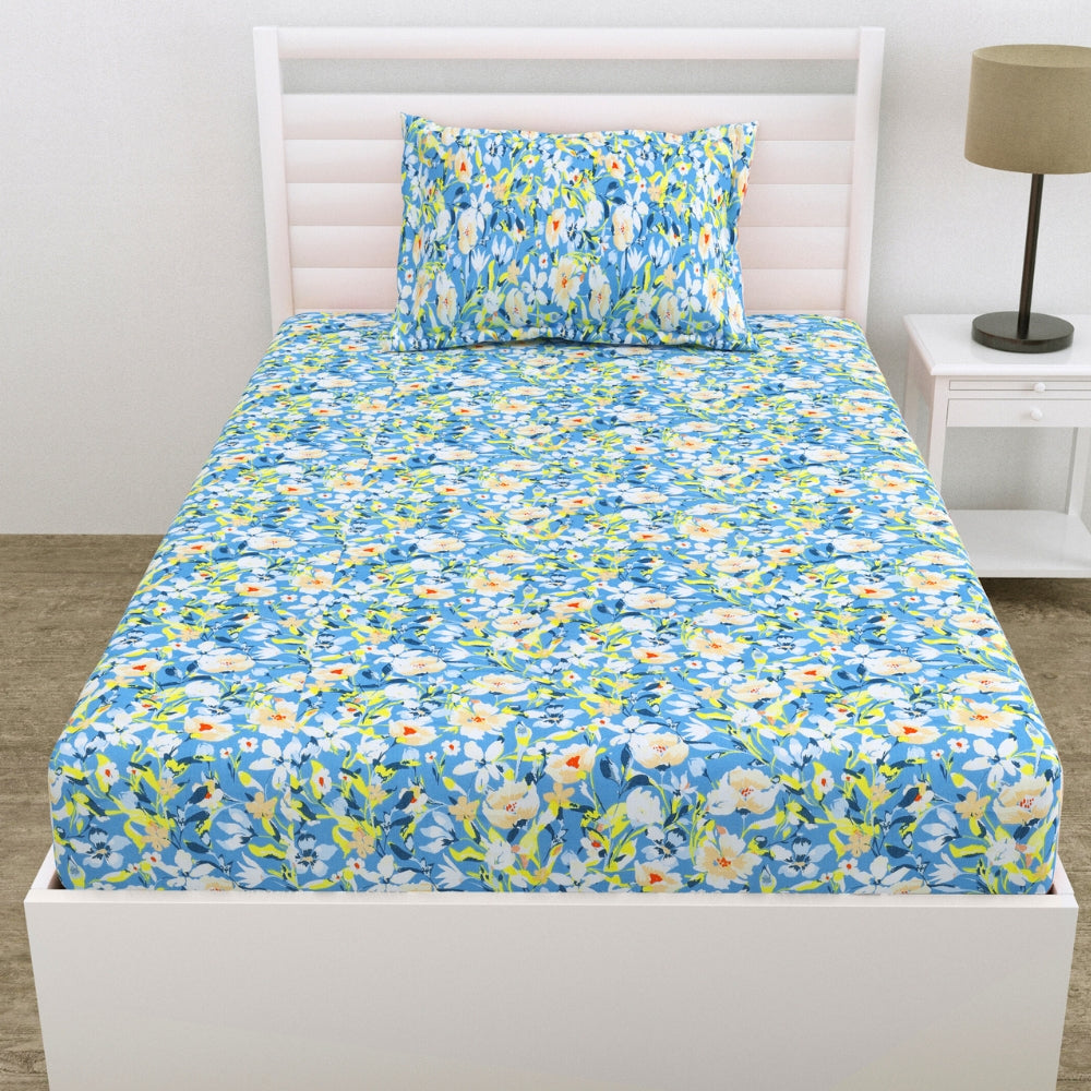 100% Cotton Single Fitted 186 TC Bedsheet, Everbelle, Blue