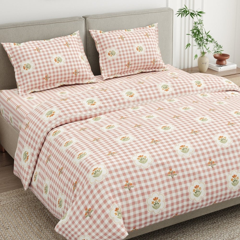 Floral Gingham 100% Cotton King Size Bedsheet, 186 TC - Bedsheets | haus & kinder