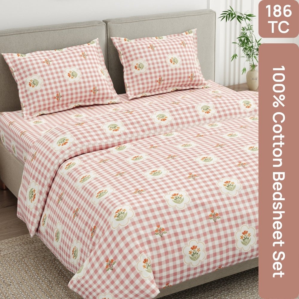 Floral Gingham 100% Cotton Double Size Bedsheet, 186TC - Bedsheets | haus & kinder