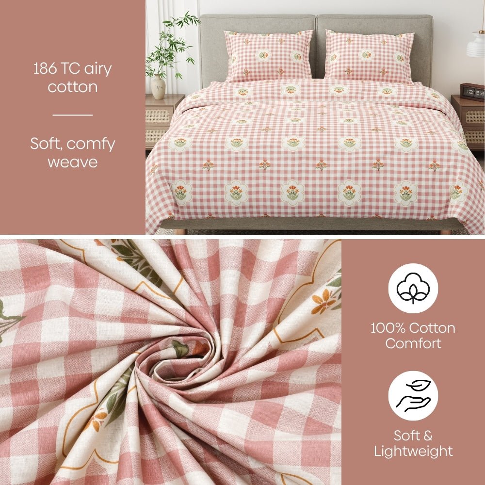 Floral Gingham 100% Cotton Double Size Bedsheet, 186TC - Bedsheets | haus & kinder