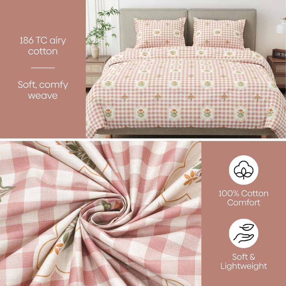 Floral Gingham 100% Cotton King Size Bedsheet, 186 TC - Bedsheets | haus & kinder