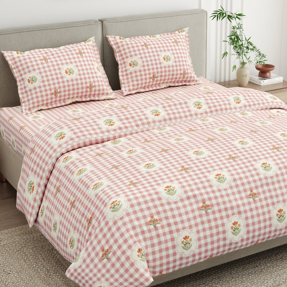 Floral Gingham 100% Cotton King Size Bedsheet, 186 TC