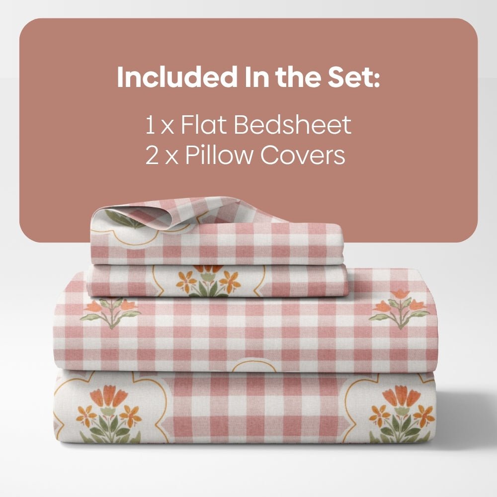 Floral Gingham 100% Cotton Double Size Bedsheet, 186TC - Bedsheets | haus & kinder