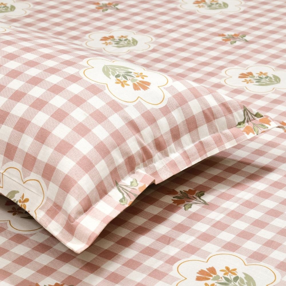 Floral Gingham 100% Cotton King Size Bedsheet, 186 TC