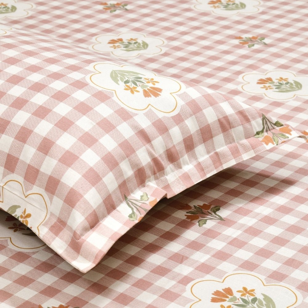 Floral Gingham 100% Cotton Double Size Bedsheet, 186TC - Bedsheets | haus & kinder