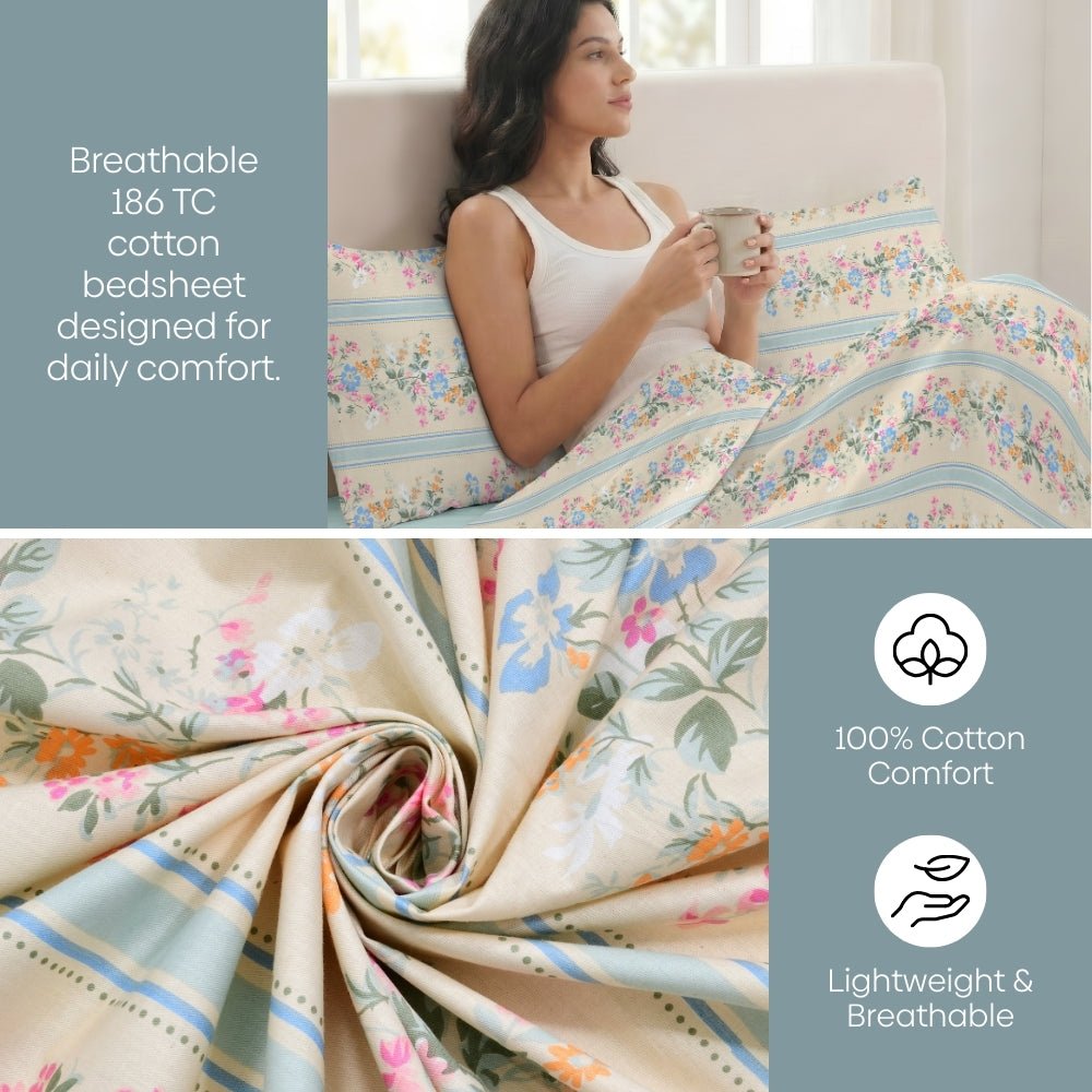 Serenade of Flowers Combed Cotton King Bedsheet, 186 TC - Bedsheets | haus & kinder