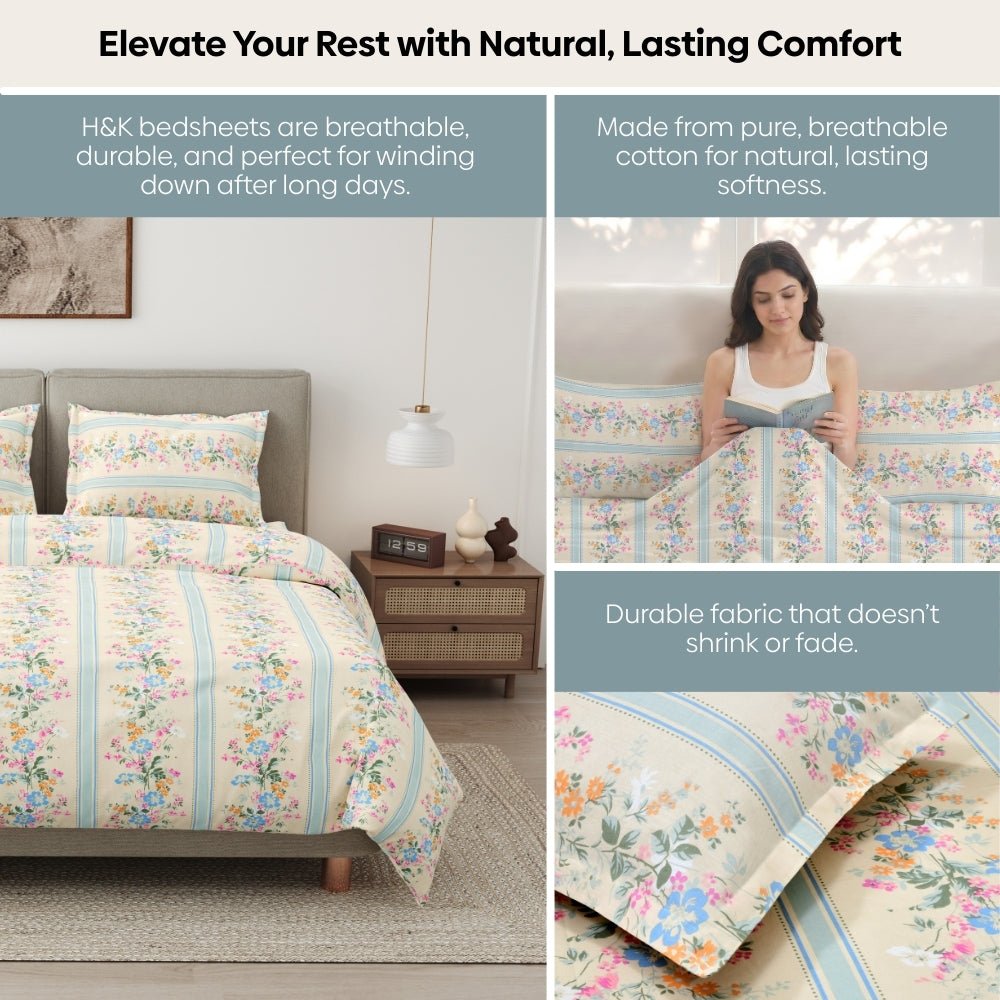 Serenade of Flowers Combed Cotton King Bedsheet, 186 TC - Bedsheets | haus & kinder