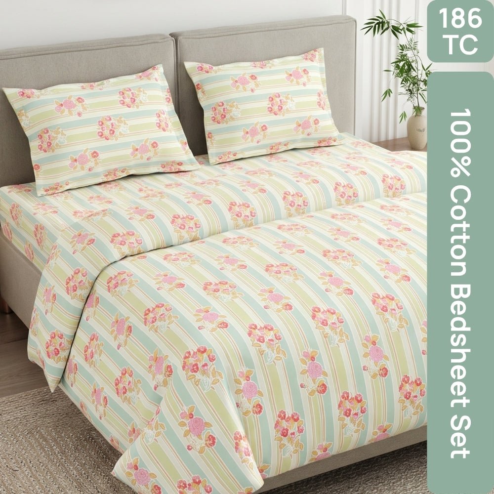 Golden Hour Garden 100% Cotton Double Flat Bedsheet, 186 TC - Bedsheets | haus & kinder