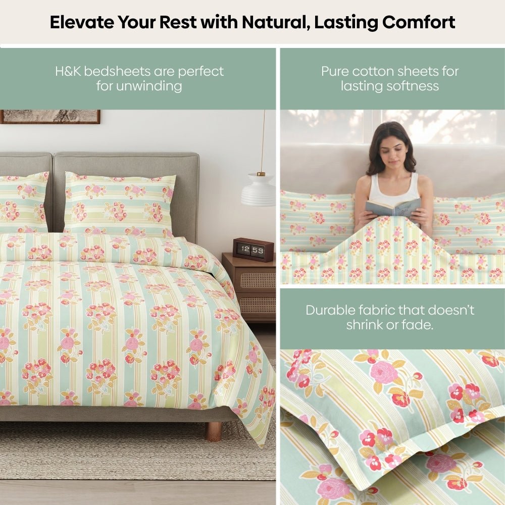 Golden Hour Garden 100% Cotton King Flat Bedsheet, 186 TC