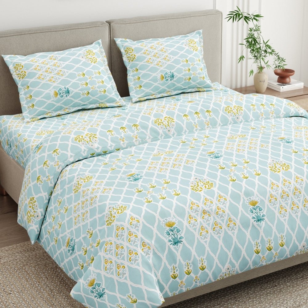 Heritage Blue 100% Cotton Double Size Bedsheet, 186TC - Bedsheets | haus & kinder
