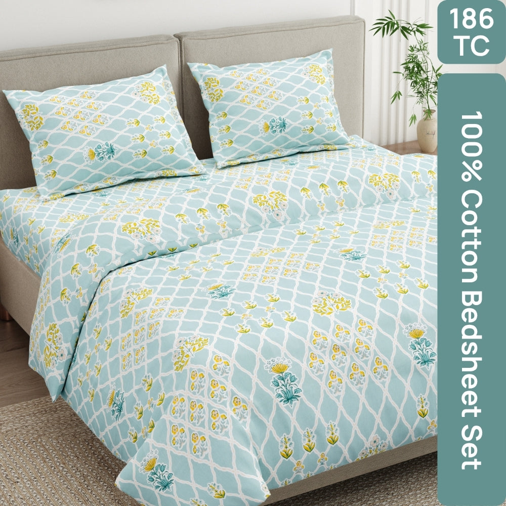 Heritage Blue 100% Cotton Double Size Bedsheet, 186TC
