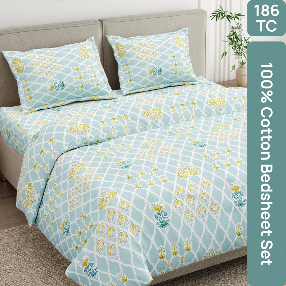 Heritage Blue 100% Cotton Double Size Bedsheet, 186TC - Bedsheets | haus & kinder