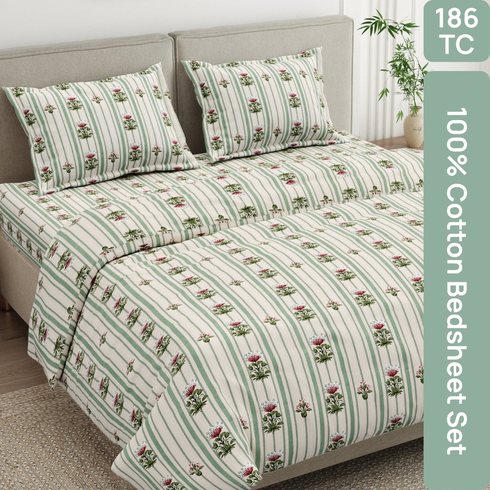 Striped Garden 100% Cotton Double Size Bedsheet, 186TC