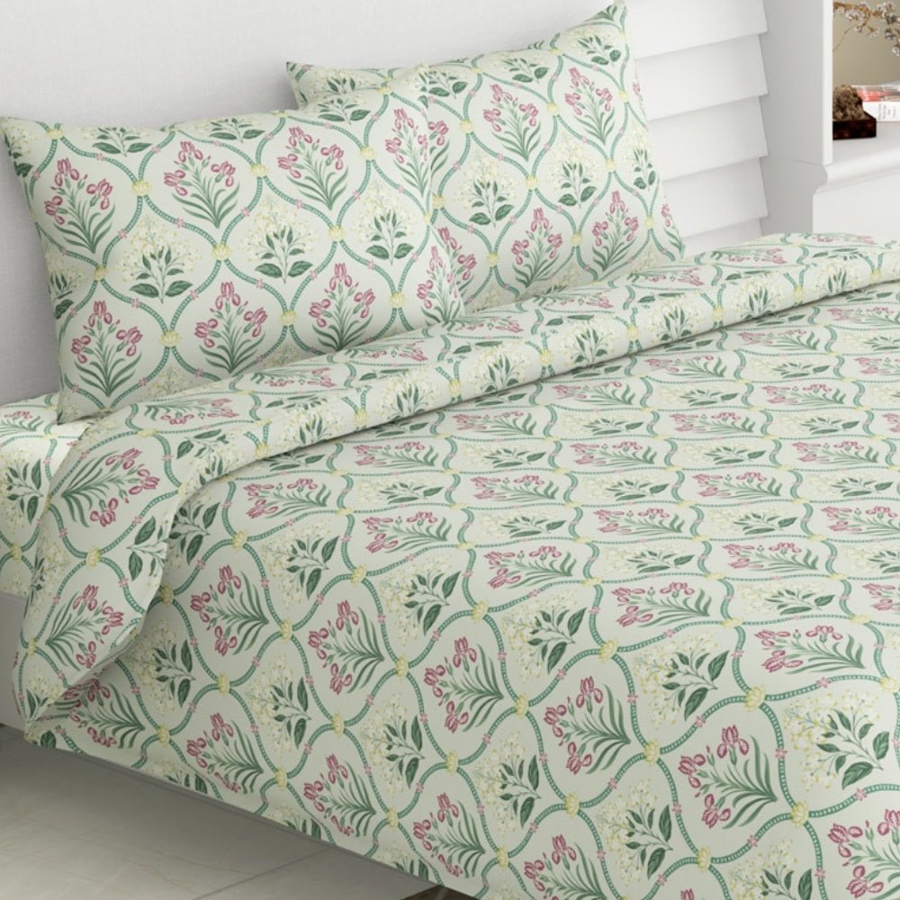 Green Blossom, 100% Cotton Double Size Bedsheet, 186 TC - Bedsheets | haus & kinder