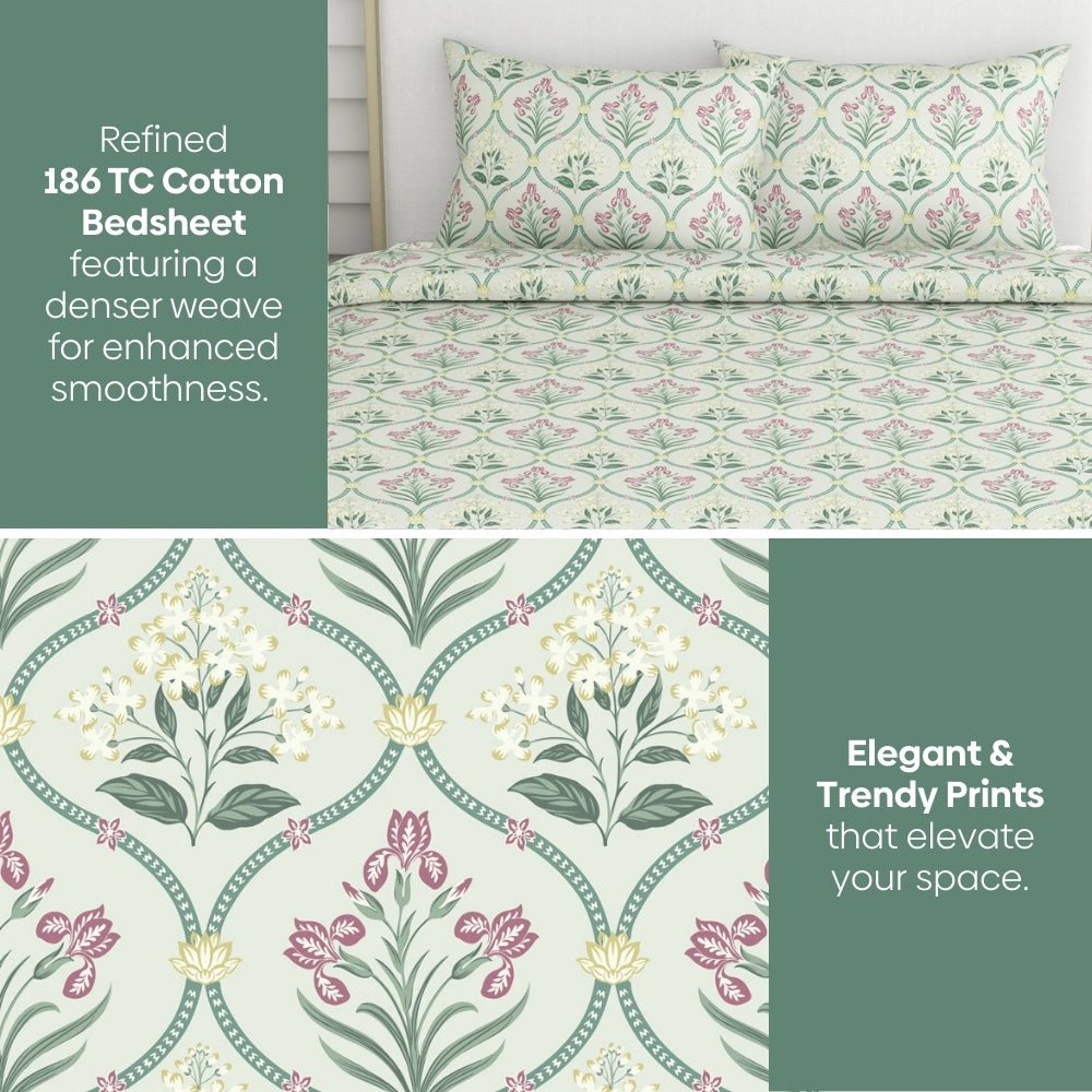 Green Blossom, 100% Cotton Double Size Bedsheet, 186 TC - Bedsheets | haus & kinder
