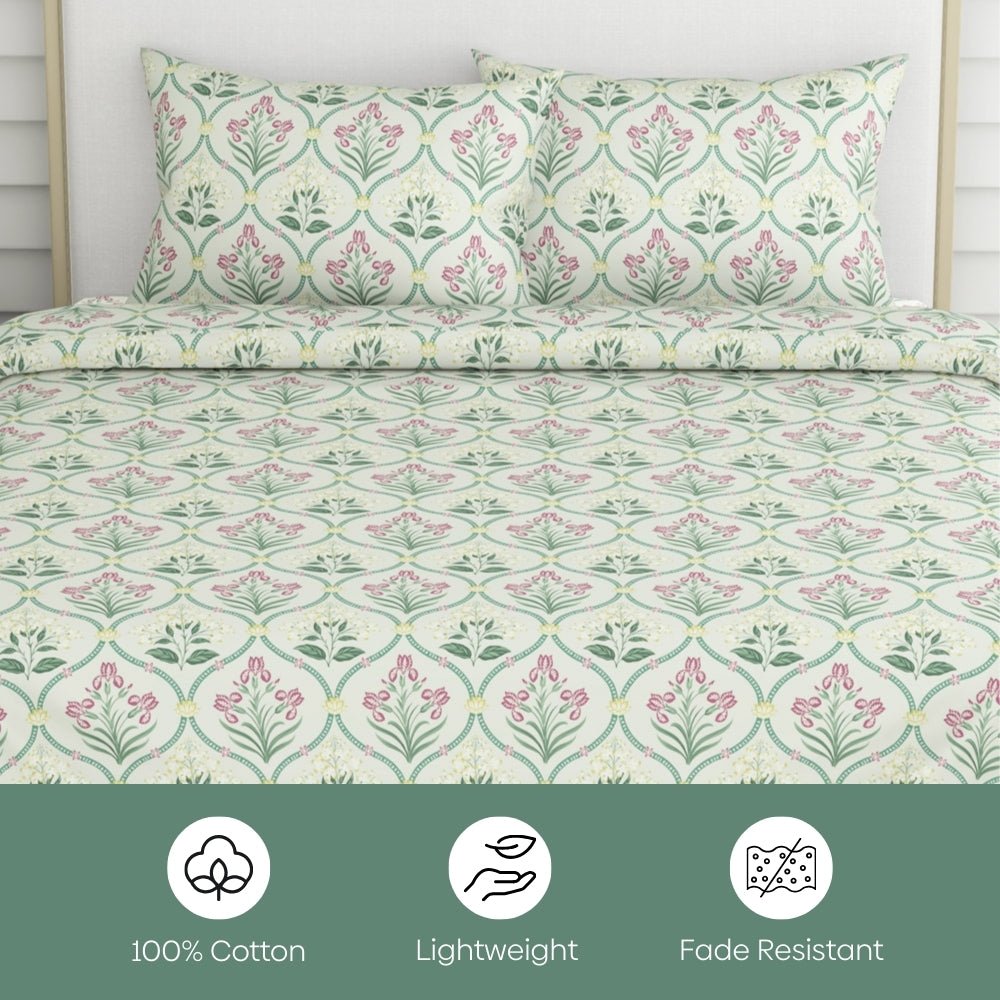 Green Blossom, 100% Cotton Double Size Bedsheet, 186 TC - Bedsheets | haus & kinder